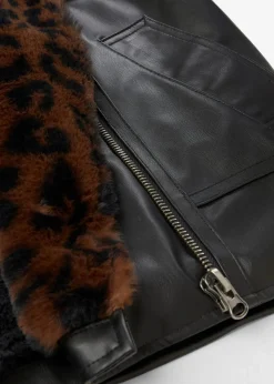 bonprix Bekleidung·Hosen|Jacken & Mäntel|Lederimitat-Jacke mit Leoparden Kunstfell schwarz