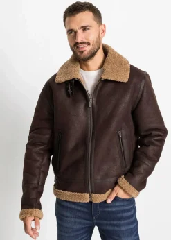 bonprix Jacken & Mäntel|Große Größen|Lederimitat-Jacke mit Teddyfutter dunkelbraun