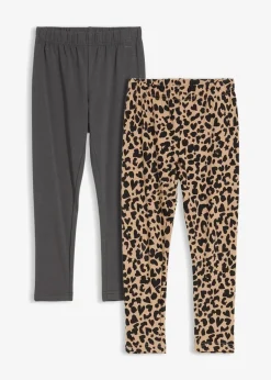 bonprix Mädchen 2-8 Jahre·Nachhaltigere Materialien|Mädchen 9-16 Jahre·Nachhaltigere Materialien|Leggings aus elastischem Bio-Baumwoll-Mix (2er Pack) anthrazit+beige leo bedruckt
