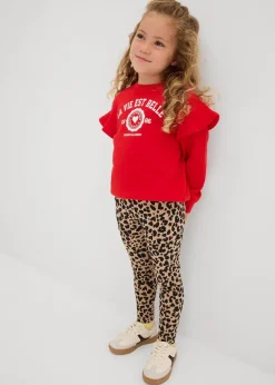 bonprix Mädchen 2-8 Jahre·Nachhaltigere Materialien|Mädchen 9-16 Jahre·Nachhaltigere Materialien|Leggings aus elastischem Bio-Baumwoll-Mix (2er Pack) anthrazit+beige leo bedruckt