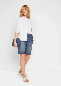 bonprix Bekleidung·Outdoorbekleidung|Shorts|Leichte Denim-Hose mit Leinen blau denim