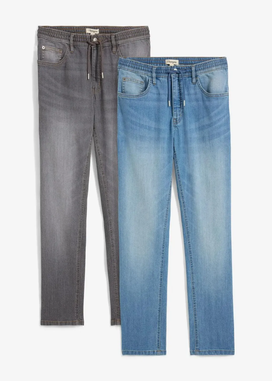 bonprix Große Größen|Jeans|Leichte Regular Fit Stretch-Jeans mit elastischem Bund, Straight (2er Pack) mittelblau denim+grau denim