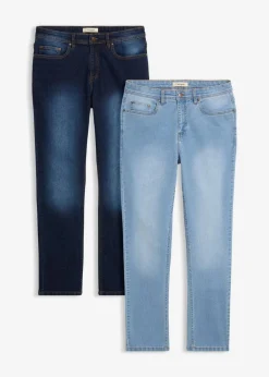 bonprix Große Größen|Jeans|Leichte Regular Fit Stretch-Jeans, Straight (2er Pack) mittelblau denim+dunkelblau denim