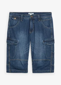 bonprix Große Größen|Shorts|Leichte Stretch-Jeans-Long-Cargobermuda, Relaxed Fit blau-beige denim