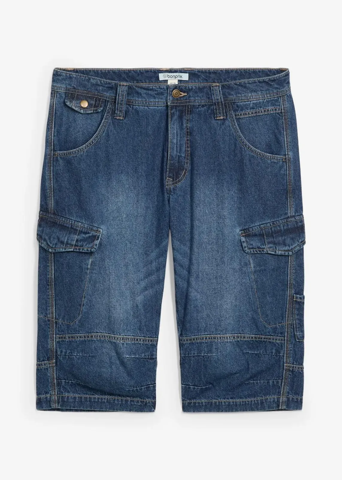 bonprix Große Größen|Shorts|Leichte Stretch-Jeans-Long-Cargobermuda, Relaxed Fit blau-beige denim