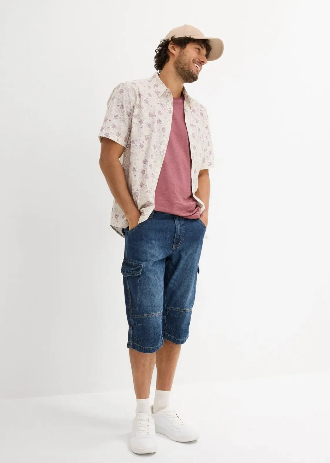 bonprix Große Größen|Shorts|Leichte Stretch-Jeans-Long-Cargobermuda, Relaxed Fit blau-beige denim