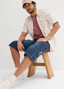 bonprix Große Größen|Shorts|Leichte Stretch-Jeans-Long-Cargobermuda, Relaxed Fit blau-beige denim