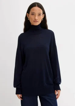 bonprix Pullover & Strickjacken|Strickmode|Leichter Feinstrickpullover mit breitem Turtleneck aus Viskose-Mix dunkelblau