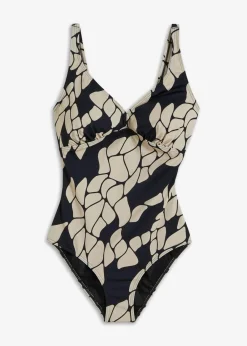 bonprix Nachhaltigere Materialien|Shapewear|Light Shape-Badeanzug mit V-Ausschnitt schwarz/beige bedruckt
