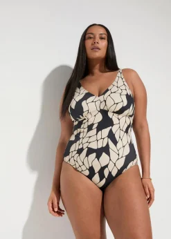 bonprix Nachhaltigere Materialien|Shapewear|Light Shape-Badeanzug mit V-Ausschnitt schwarz/beige bedruckt