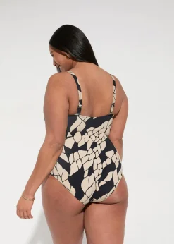 bonprix Nachhaltigere Materialien|Shapewear|Light Shape-Badeanzug mit V-Ausschnitt schwarz/beige bedruckt