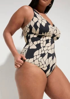 bonprix Nachhaltigere Materialien|Shapewear|Light Shape-Badeanzug mit V-Ausschnitt schwarz/beige bedruckt