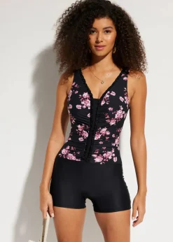 bonprix Nachhaltigere Materialien|Shapewear|Light Shape-Badeanzug mit Bein schwarz floral