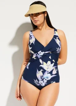 bonprix Nachhaltigere Materialien|Shapewear|Light Shape-Badeanzug mit Wickel-Optik dunkelblau floral