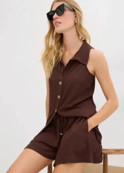 bonprix Hosen|Shorts|Lockere Schlupf-Shorts aus strukturiertem Crêpe terrabraun