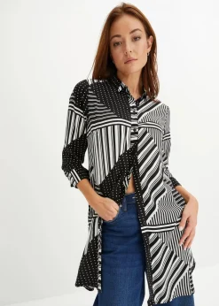 bonprix Bekleidung·Jacken & Mäntel|Blusen & Tuniken|Longbluse schwarz / weiß graphisch bedruckt