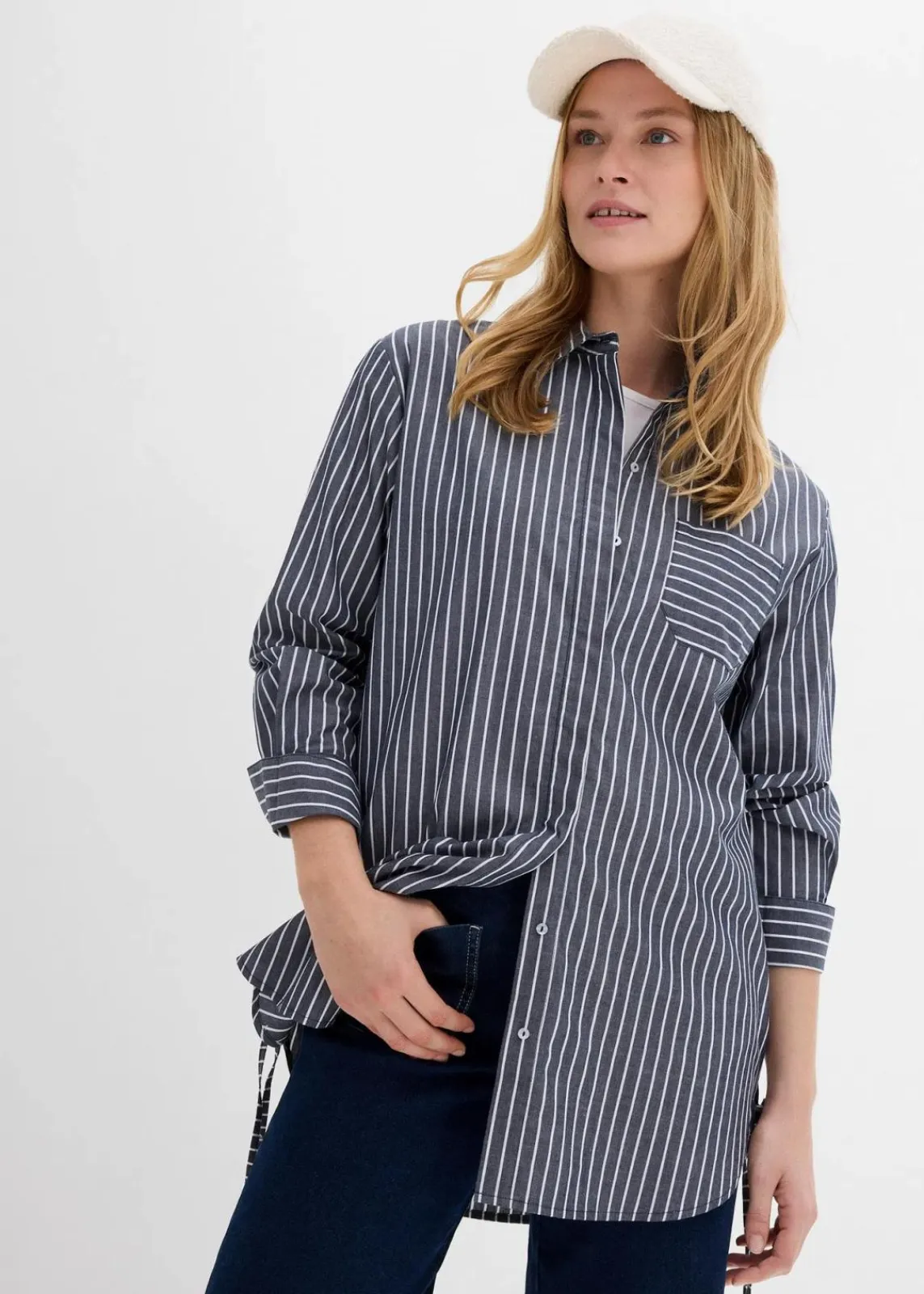 bonprix Bekleidung·Jacken & Mäntel|Blusen & Tuniken|Longbluse aus reiner Baumwolle dunkelblau/weiß gestreift