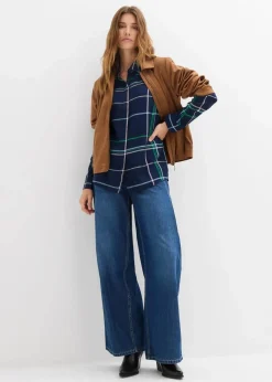 bonprix Bekleidung·Jacken & Mäntel|Blusen & Tuniken|Longbluse aus fließender Viskose dunkelblau kariert