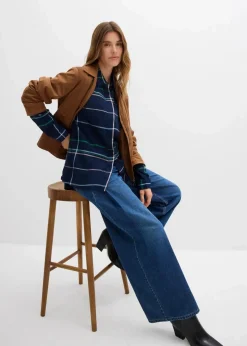 bonprix Bekleidung·Jacken & Mäntel|Blusen & Tuniken|Longbluse aus fließender Viskose dunkelblau kariert