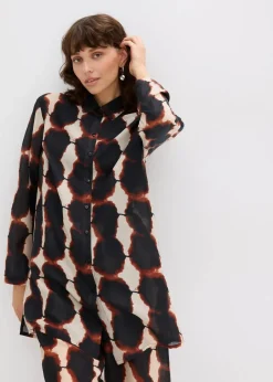 bonprix Zweiteiler & Sets|Blusen & Tuniken|Longbluse mit Batik-Print schwarz/beige bedruckt
