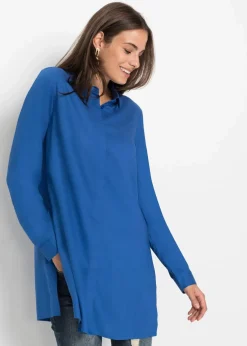 bonprix Blusen & Tuniken|Nachhaltigere Materialien|Longbluse mit Schlitz aus fließender Viskose arktikblau