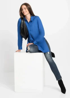 bonprix Blusen & Tuniken|Nachhaltigere Materialien|Longbluse mit Schlitz aus fließender Viskose arktikblau