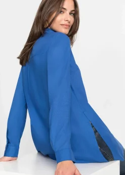 bonprix Blusen & Tuniken|Nachhaltigere Materialien|Longbluse mit Schlitz aus fließender Viskose arktikblau