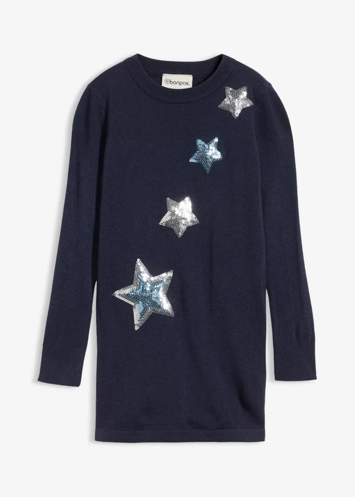 bonprix Mädchen 2-8 Jahre·Sweat & Strick|Long-Feinstrickpullover mit Pailletten dunkelblau