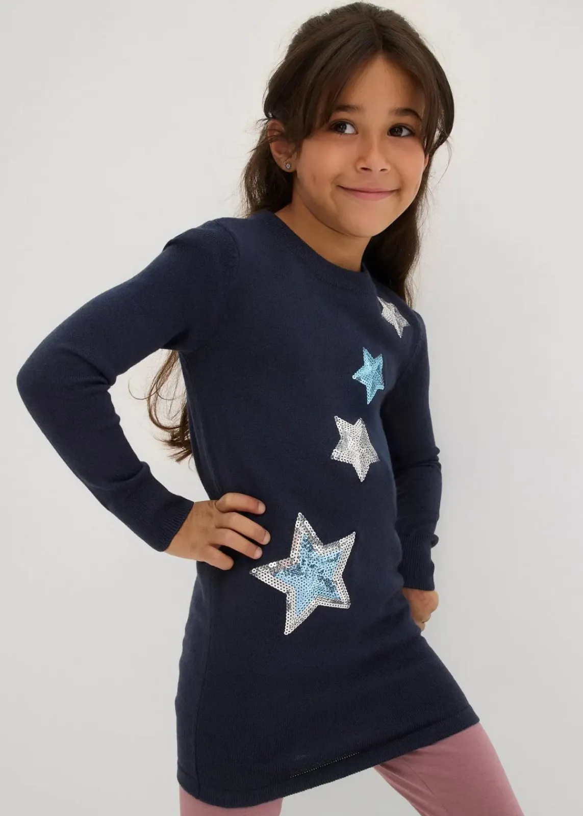 bonprix Mädchen 2-8 Jahre·Sweat & Strick|Long-Feinstrickpullover mit Pailletten dunkelblau