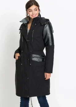 bonprix Bekleidung·Hosen|Jacken & Mäntel|Long-Parka mit Lederimitateinsatz schwarz