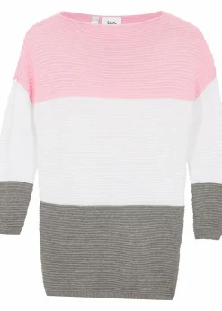 bonprix Mädchen 9-16 Jahre·Sweat & Strick|Longpullover puderrosa/wollweiß/grau gestreift