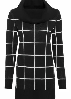 bonprix Pullover & Strickjacken|Bekleidung·Jeans|Long-Pullover schwarz/wollweiß kariert
