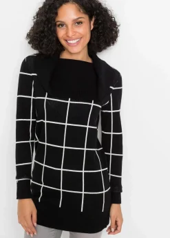 bonprix Pullover & Strickjacken|Bekleidung·Jeans|Long-Pullover schwarz/wollweiß kariert