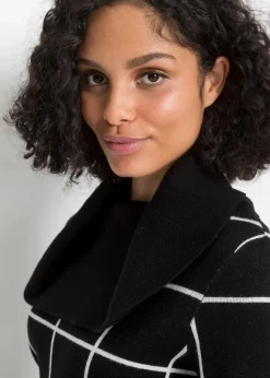 bonprix Pullover & Strickjacken|Bekleidung·Jeans|Long-Pullover schwarz/wollweiß kariert