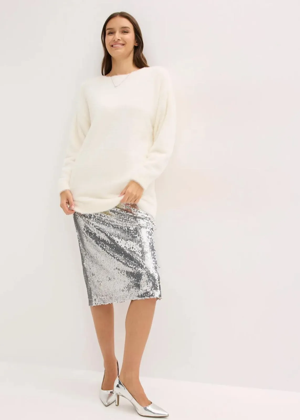 bonprix Bekleidung·Umstandsmode|Bekleidung·Jeans|Longpullover aus weichem Federgarn wollweiß