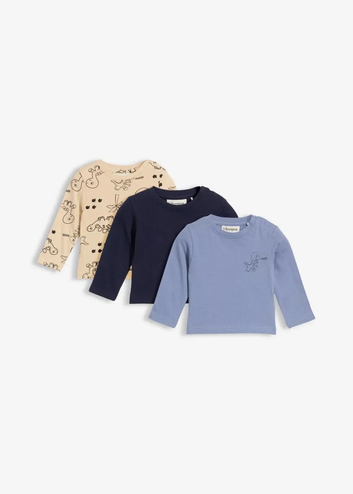 bonprix Mehrfachpacks|Shirts & Pullover|Longshirt aus reiner Bio-Baumwolle (3er Pack) mattblau+dunkelblau+hellsand bedruckt
