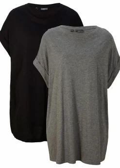 bonprix Shirts & Tops|Basics|Longshirt aus reiner Bio-Baumwolle (2er Pack) grau meliert + schwarz