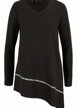 bonprix Shirts & Tops|Longshirt mit asymmetrischen Schnitt und Glitzer schwarz/silber