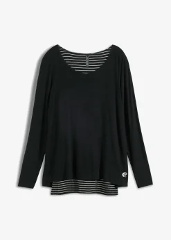 bonprix Nachhaltigere Materialien|Shirts & Tops|Longshirt mit Langarm doppellagig schwarz/weiß geringelt