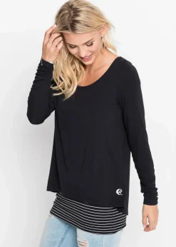 bonprix Nachhaltigere Materialien|Shirts & Tops|Longshirt mit Langarm doppellagig schwarz/weiß geringelt