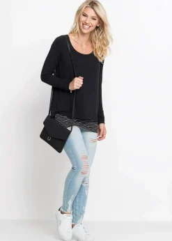 bonprix Nachhaltigere Materialien|Shirts & Tops|Longshirt mit Langarm doppellagig schwarz/weiß geringelt