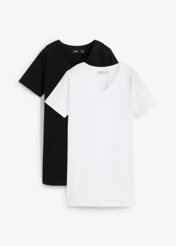 bonprix Basics|Bekleidung·Röcke|Longshirt mit V-Ausschnitt (2er Pack) schwarz+weiß