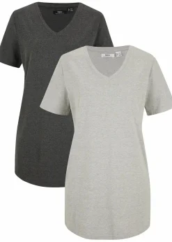 bonprix Basics|Bekleidung·Röcke|Longshirt mit V-Ausschnitt (2er Pack) hellgrau meliert+anthrazit meliert