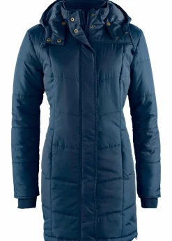 bonprix Jacken & Mäntel|Bekleidung·Hosen|Long-Steppjacke, wattiert mit Kragen und Kapuze dunkelblau