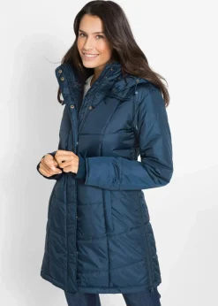 bonprix Jacken & Mäntel|Bekleidung·Hosen|Long-Steppjacke, wattiert mit Kragen und Kapuze dunkelblau