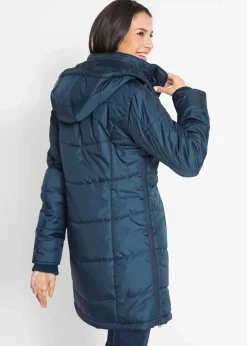 bonprix Jacken & Mäntel|Bekleidung·Hosen|Long-Steppjacke, wattiert mit Kragen und Kapuze dunkelblau