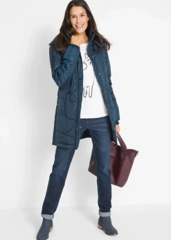bonprix Jacken & Mäntel|Bekleidung·Hosen|Long-Steppjacke, wattiert mit Kragen und Kapuze dunkelblau