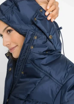 bonprix Jacken & Mäntel|Bekleidung·Hosen|Long-Steppjacke, wattiert mit Kragen und Kapuze dunkelblau