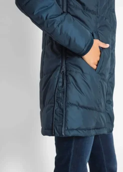 bonprix Jacken & Mäntel|Bekleidung·Hosen|Long-Steppjacke, wattiert mit Kragen und Kapuze dunkelblau
