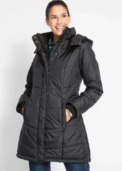bonprix Bekleidung·Hosen|Jacken & Mäntel|Long-Steppjacke, wattiert mit Kragen und Kapuze schwarz